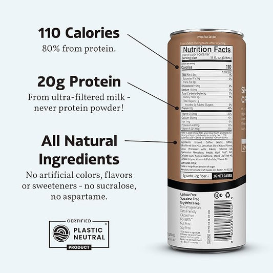 Slate Milk - High Protein Iced Coffee - Mocha Latte - 175mg Caffeine, Lactose Free Energy - 20g Protein, 1g Sugar, 110 Calories, 3g Net Carbs, No Sugar Added - Protein Coffee - 11 fl oz, 12 Cans