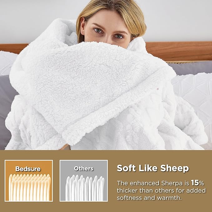Bedsure Sherpa Queen Size Blanket for Bed - GentleSoft Fleece Fluffy & Cozy Cable Jacquard Tufted for Women Gift, Thick and Warm Blankets for Winter, White, 90x90 Inches