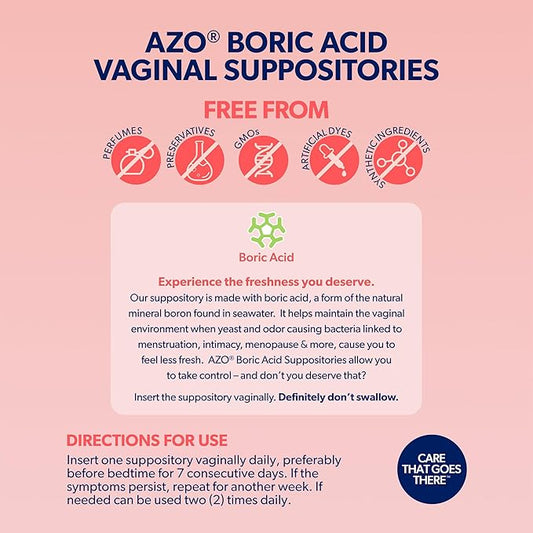 AZO® Boric Acid Vaginal Suppositories, Helps Support Odor Control and Intimate Health with Clinically Studied Boric Acid, Non-GMO, 30 Count