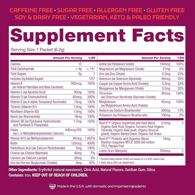 Root'd Multivitamin Powder for Women - 25 Vitamins & Minerals with 3X Electrolytes, 9 Organic Superfoods, Probiotics & Enzymes, Sugar-Free Multivitamin & Hydration | 30 Vitamin Drink Mix Packets
