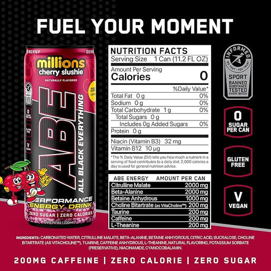 All Black Everything Sugar Free Energy Drink | Cherry Millions | 0 Calories | 12 Pack | 200mg Natural Caffeine | Pre-Workout Sport Drink for Men and Women