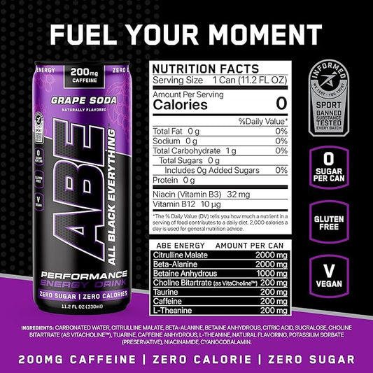 All Black Everything Sugar Free Energy Drink | Grape Soda | 0 Calories | 12 Pack | 200mg Natural Caffeine | Pre-Workout Sport Drink for Men and Women