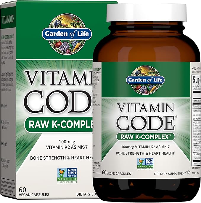 Vitamin K2 and K1 by Garden of Life, Vitamin Code Vegan K Complex Vitamin for Bone Strength and Heart Health, Omega Rich Flax Seed Oil, Trace Minerals, Probiotics, 60 Day Supply