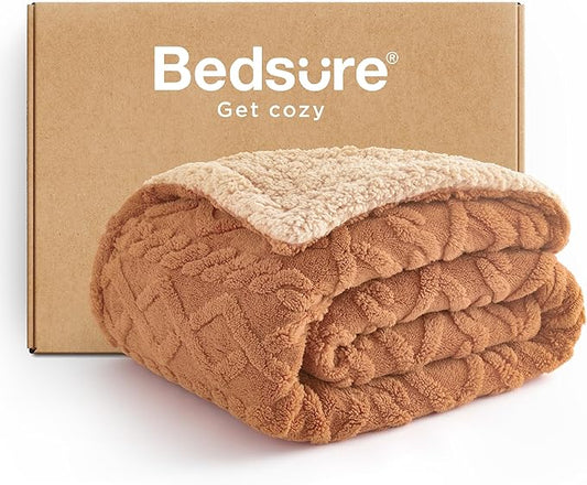 Bedsure Sherpa Fleece Blanket Twin Size for Bed - GentleSoft Fluffy & Cozy Cable Jacquard Tufted for Women Gift, Thick and Warm Blankets for Winter, Light Brown, 60x80 Inches