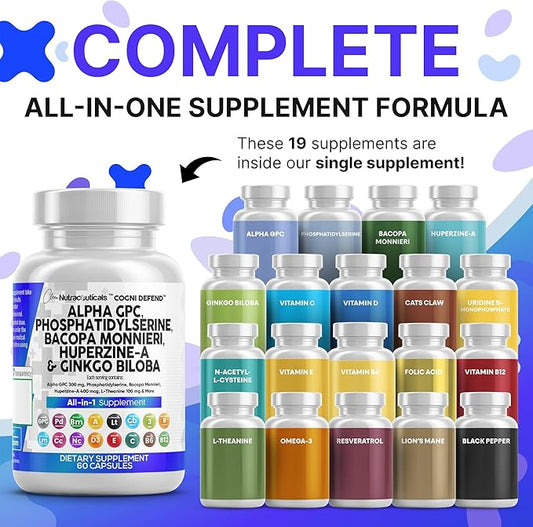 Clean Nutraceuticals Alpha GPC Choline Phosphatidylserine Bacopa Monnieri Ginkgo Biloba Huperzine A Supplement with Urdine Lions Mane Cats Claw NAC Vitamin C B D E
