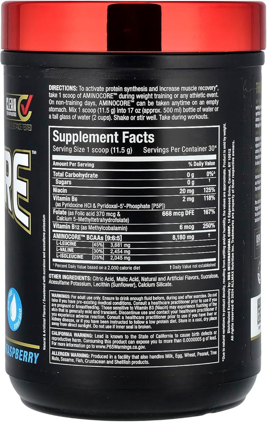 ALLMAX Nutrition AMINOCORE BCAA – 8G BCAAs – 100% Pure Branch Chained Amino Acids – Gluten Free - Blue Raspberry - 315 Gram