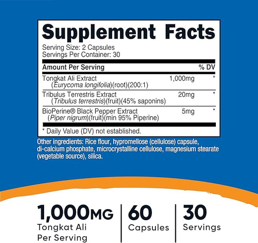 Nutricost Tongkat Ali 1,000mg 60 Capsules - with Tribulus Terrestris and BioPerine, Vegetarian Caps, Non-GMO, Gluten Free, Potent Extract