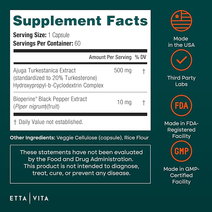 Potent Turkesterone Supplement, 2X Pure (Made in USA - 3rd Party Tested) Most Bioavailable and Natural Test Support Supplement, Supports Energy Lean Muscle Growth, Recovery and Stamina, Vegan (60ct)