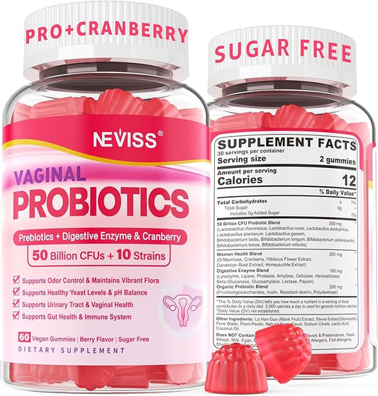Vaginal Probiotics Gummies for Women PH Balance, Odor Control with Prebiotics, Cranberry, D-Mannose, Promotes Feminine Healthy Vaginal Flora, Urinary Tract, Yeast, Digestive Support, Sugar Free,60Cts
