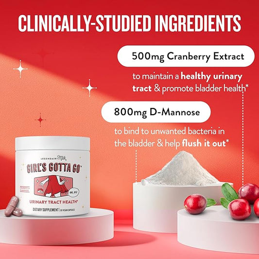 Legendairy Milk Girl’s Gotta Go™ - UTI Support Supplement - Urinary Tract Health for Women - UTI Relief for Women with Sugar-Free Cranberry and D-Mannose, 30 Servings