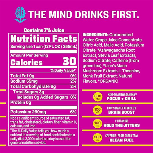 GYM WEED Athletic Focus Drink with KSM-66 Ashwagandha, Lion's Mane Mushroom, L-Theanine, 200mg Green Tea Caffeine with Natural Sweeteners Brain Candy Flavor, 12 Pack