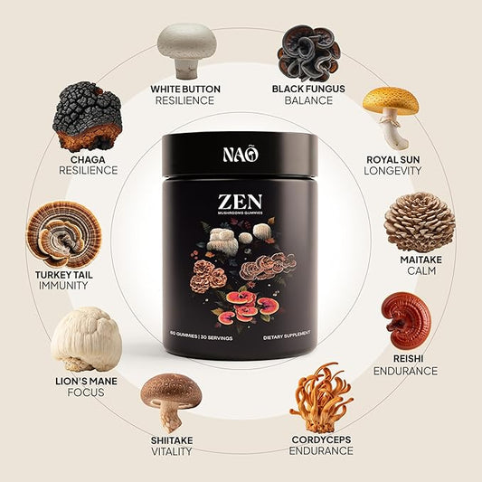 NAO Made in USA 10-in-1 Mushroom Gummies Nootropic – Premium Blend with Reishi, Lion’s Mane, Chaga, Cordyceps, Shiitake, Maitake & Turkey Tail for Brain, Immune & Energy Support –Non-GMO, Vegan