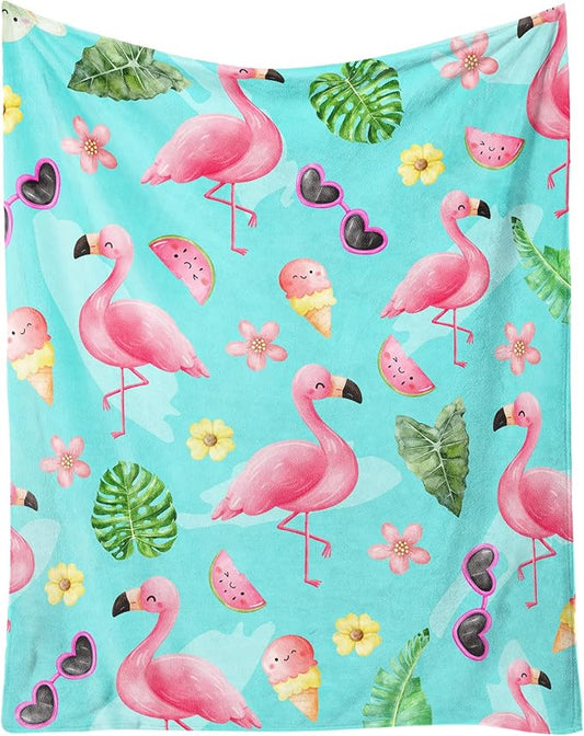 Flamingo Blankets Gifts - 30 x 40 Inches Cute Throw for Girls - Green Soft Fuzzy Plush Flamingo Blankets for Bed