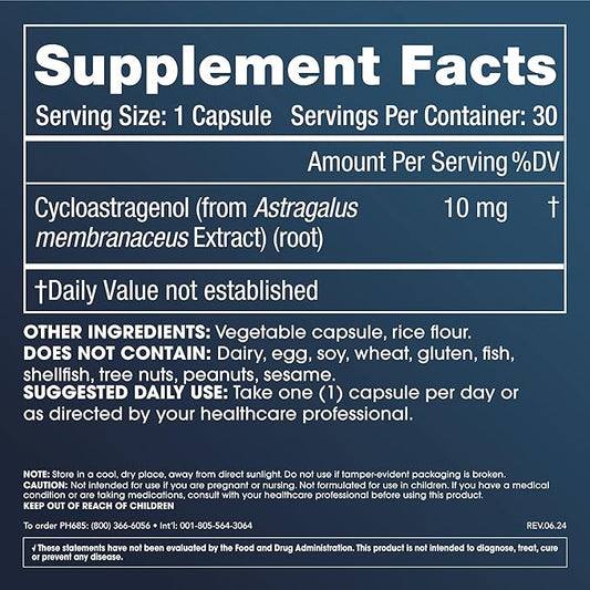 Cycloastragenol Supplement, 10 mg per Serving | Science-Backed to Support Telomere Length, DNA Structure & Healthy Aging | Third-Party Tested for Purity & Quality