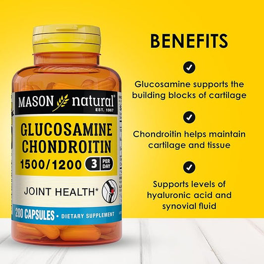 MASON NATURAL Glucosamine Chondroitin 1500/1200 with Vitamin C, Supports Joint Health for Normal Flexibility & Mobility*, 280 Capsules, 3 Month Supply