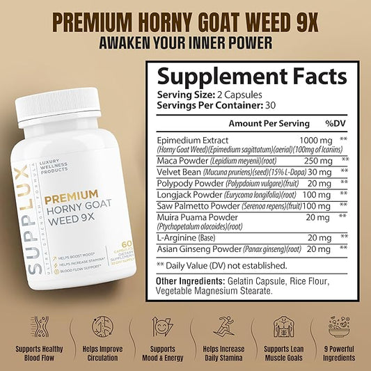 Premium Horny Goat Weed + 9 Ingredients - Performance Pills for Men for Fast Acting Blood-Flow, Build Muscle & Supports Men's Health | 9 Backed Ingredients | 3rd Party Tested Supplement - 60 Pills
