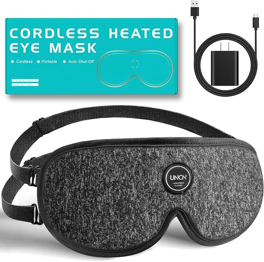 uncn Heated Eye Mask Cordless for Dry Eye Relief, 2500mAh Battery Rechargeable Warm Eye Compress for Light Blocking, Travel, Home, or Office Use