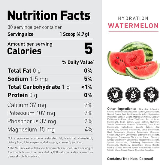 Kaged Hydration Electrolytes Powder | Watermelon | Hydra-Charge Sports Drink Mix | Pre, Post, Intra Workout | Low Carb, Vegan, Gluten Free | Supplements for Men & Women | 30 Servings