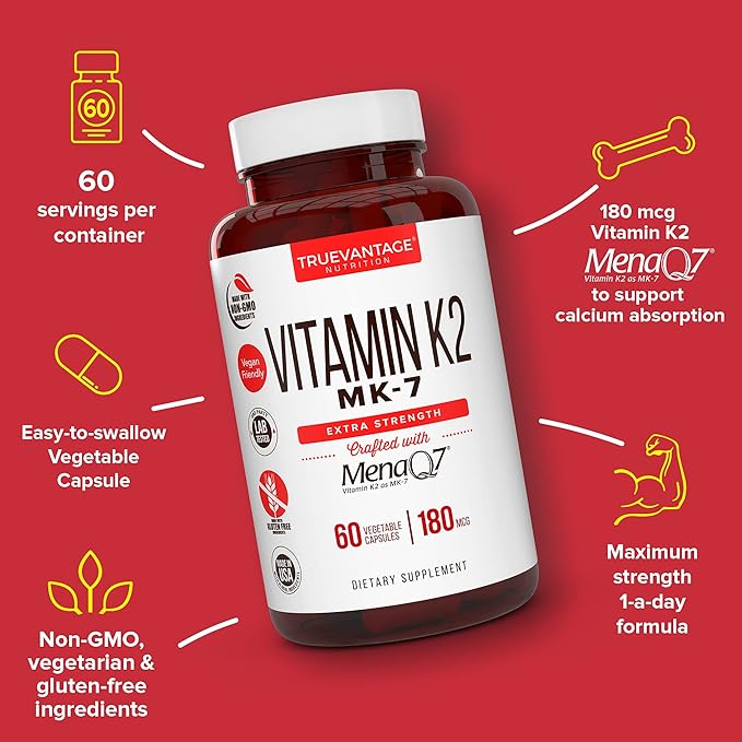 Vitamin k2 MK-7 Supplement 180mcg -Vitamin K2 Supports Bone & Heart Health for Cardiovascular Calcium Absorption from Arteries- 60 Easy to Swallow Vegetable caps of MenaQ7 K2 MK7
