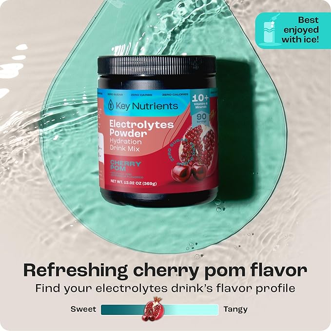 KEY NUTRIENTS Multivitamin Electrolytes Powder No Sugar - Sweet Cherry Pom Electrolyte Powder - Endurance & Energy Supplement - Hydration Powder - No Calories - 90 Servings - Made in USA