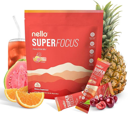 SuperFocus Focus Drink Mix – Fruit Punch Flavor – Alpha GPC, Lion’s Mane, Rhodiola & N-Acetyl L-Tyrosine – Sugar-Free, On-The-Go Packets – 20 Servings