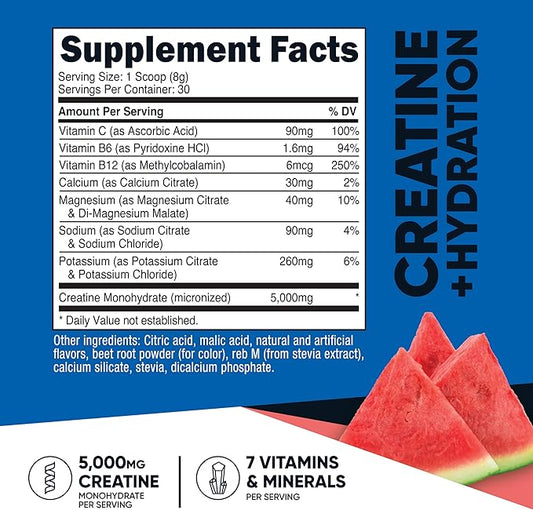 Nutricost Creatine Monohydrate + Hydration Watermelon Flavored (30 Servings) - 7 Vitamins & Minerals, 5000mg of Creatine Per Serving