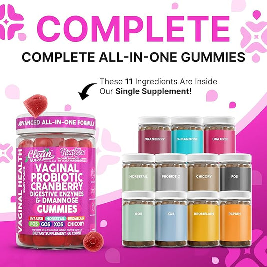 Clean Nutra Vaginal Probiotic Gummies for Women Cranberry Digestive Enzymes D Mannose Womens Probiotic Dmannose Horsetail Bromelain Chicory Fiber Feminine Care Prebiotics Inulin Papaya Enzyme Gummy