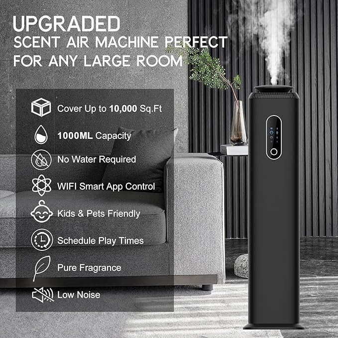 1000ML- Commercial Diffuser Machine With WIFI App Control for Whole House - Cover 10000 Sq Ft - Tower Hotel Scent Diffuser - Scent Air Machine & Waterless Essential Oil Diffuser for Large Room - Black