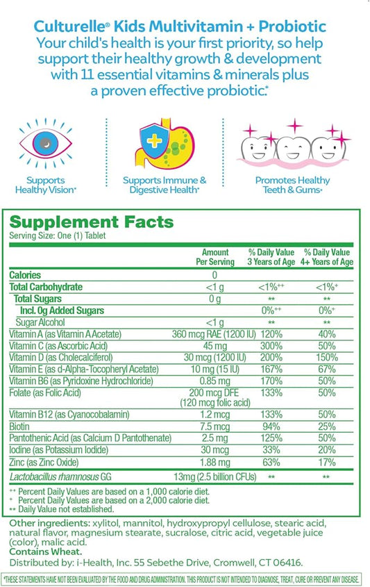 Culturelle Kids Complete Chewable Multivitamin + Probiotic For Kids, Ages 3+, 50 Count, Digestive Health, Oral Health & Immune Support - With 11 Vitamins & Minerals, including Vitamin C, D3 & Zinc
