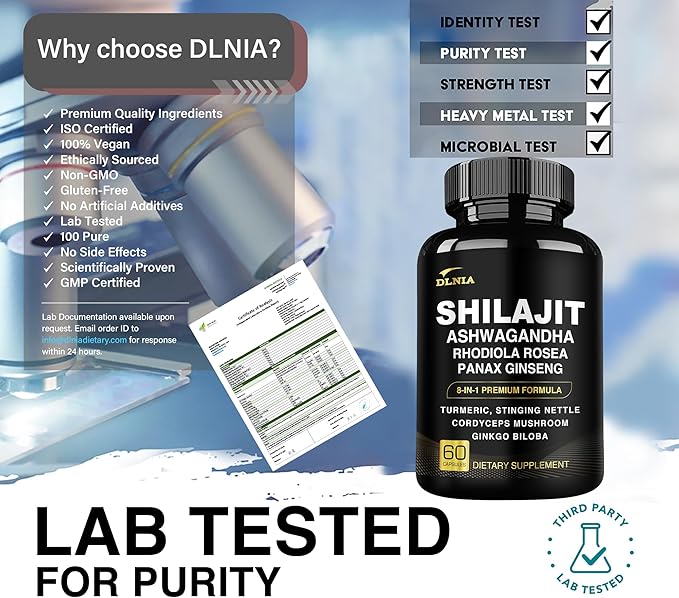 8-in-1 Shilajit for Men & Women with Ashwaganda Himalayan Organic Supplement with Rhodiola Rosea, Ginseng, Turmeric, Mushroom, for Immune Support, Energy, Calm, Focus, Clarity, Sleep, Cortisol