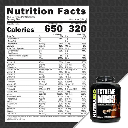NutraBio Extreme Mass Gainer Protein Powder, 53G Protein, Clean Weight Gainer, Increase Muscle Mass, Full Spectrum Amino Acid - Chocolate, 6 Pound