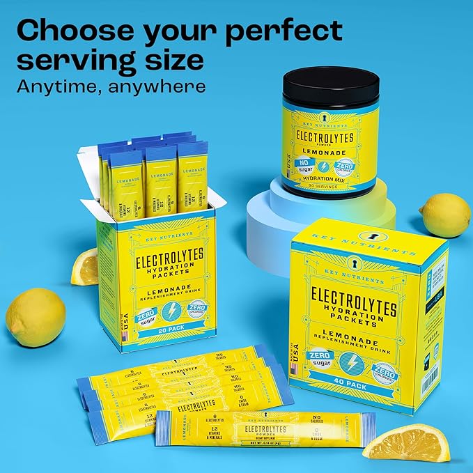 KEY NUTRIENTS Electrolytes Powder Packets 20 Pack - No Sugar, Refreshing Lemonade, Hydration Packets with Electrolyte Powder for Refreshing Electrolyte Drink Mix Packets - Zero Calories