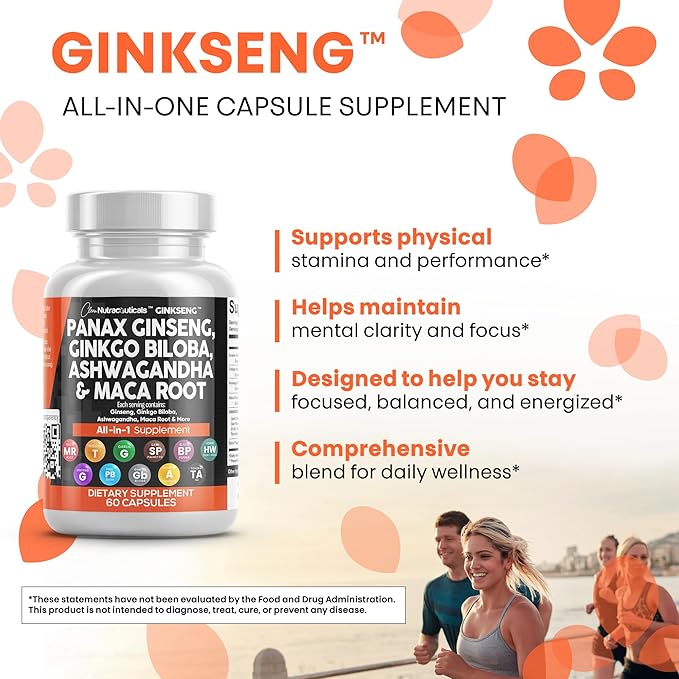 Clean Nutraceuticals Panax Ginseng Ginkgo Biloba Ashwagandha Maca Root - Focus Supplement Pills for Women and Men with Pine Bark Extract, Garlic, and Saw Palmetto - 60 Caps