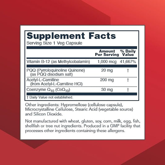 PROTOCOL FOR LIFE BALANCE PQQ Complex - Mitochondrial Health - with CoQ10 & L Carnitine - B Vitamin - Supplement for Energy - 30 Veg Caps