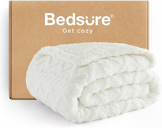 Bedsure Sherpa Fleece Blanket Twin Size for Bed - GentleSoft Fluffy & Cozy Cable Jacquard Tufted for Women Gift, Thick and Warm Blankets for Winter, Cream, 60x80 Inches