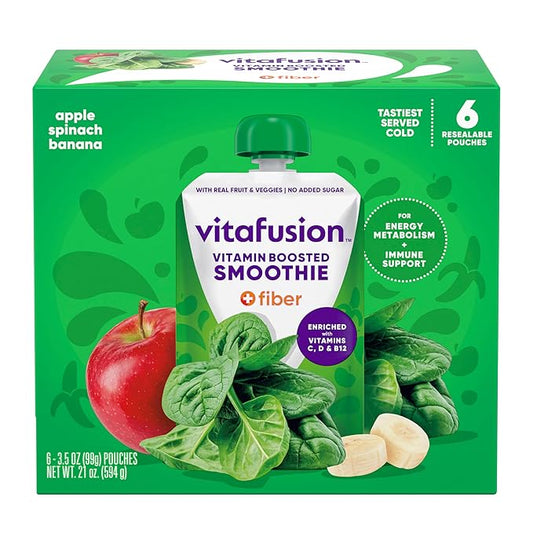 vitafusion Vitamin-Boosted Smoothie +Fiber with Energy Metabolism and Immunue Support, Apple Spinach Banana Flavor Excellent Source of Vitamins C, D, and B12, 3.5oz, 6 Count