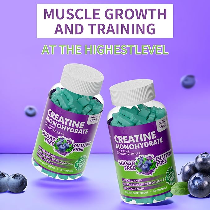 novomins Creatine Monohydrate Gummies for Men & Women, Chewables Creatine Monohydrate for Muscle Strength, Muscle Builder, Energy Boost, Pre-Workout Supplement(180 Count)-Blueberry Flavor. 2 Pack