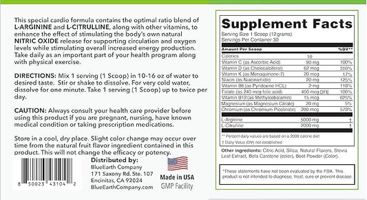 L-Arginine 5000mg + L-Citrulline 2000mg Complex Powder Supplement - Nitric Oxide Booster - Heart Health, Blood Flow, Energy & Endurance - 30 Servings (Peach Lemonade)