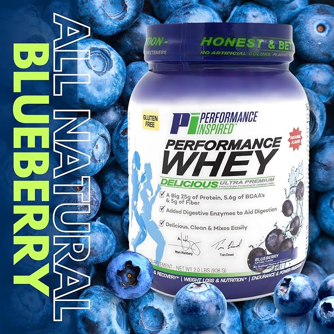 PERFORMANCE INSPIRED Nutrition WHEY Protein Powder – All Natural – 25G Protein – BCAAs – Digestive Enzymes – Fiber Packed – Blueberry – 2lb