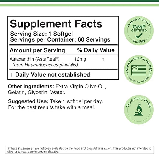 Astaxanthin 12mg Max Strength (Only Patented Astaxanthin (Astrareal) with 70+ Human Clinical Trials - World's Most Studied Brand) Grown, Harvested, and Made in The USA (Astaxantina) by Double Wood