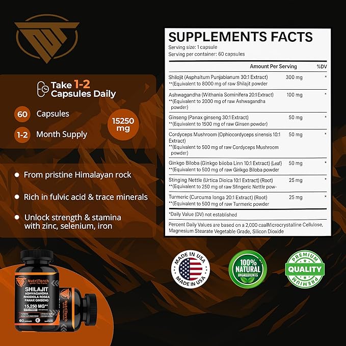 Shilajit Capsules - Supplement with Ashwagandha, Rhodiola Rosea, Panax Ginseng, Turmeric, Cordycep Mushrooms, Ginkgo Biloba - 15250Mg - 60 Capsules