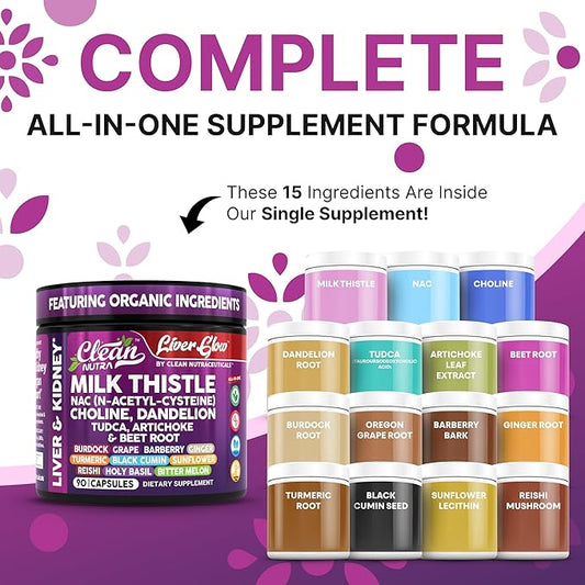 Clean Nutra Milk Thistle NAC Choline Dandelion Root TUDCA Artichoke Beet Root Burdock Holy Basil Supplement Liver Cleanse Detox Support Repair Lymphatic Complex for Liver & Kidney 90 Vegan Capsules