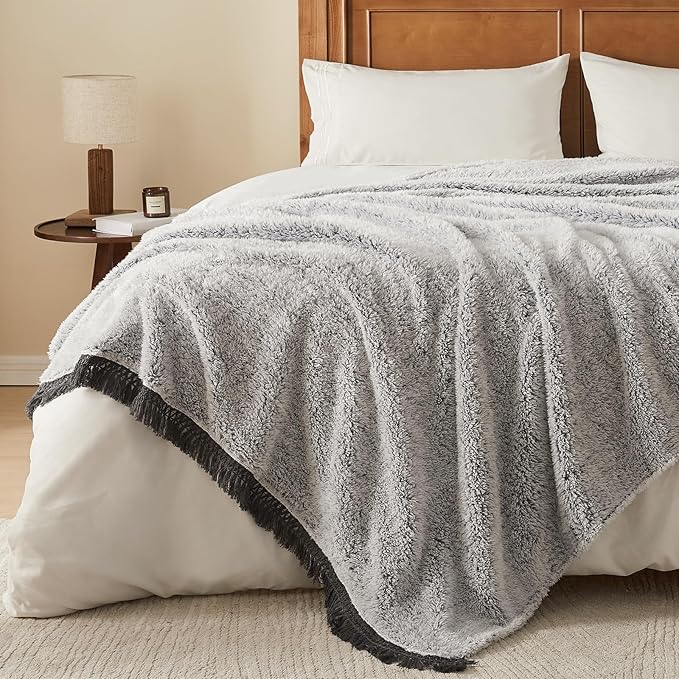 EMME Fuzzy Blanket Soft Fleece Throw Blankets for Women, Fluffy Sherpa Throws(Tassel Grey,90"x90")