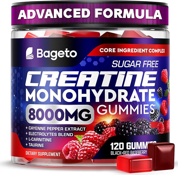 Creatine Monohydrate Gummies Complex 8000mg with L-Carnitine, Electrolyte & Taurine, Flavored and Chewable Creatine for Muscle Growth, Energy & Strength, Pre-Workout Gummies for Men and Women 120pcs