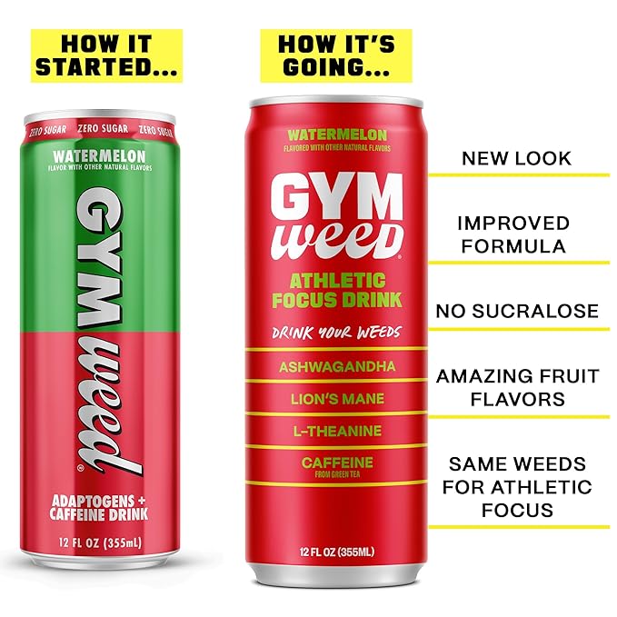 GYM WEED Athletic Focus Drink with KSM-66 Ashwagandha, Lion's Mane Mushroom, L-Theanine, 200mg Green Tea Caffeine with Natural Sweeteners Watermelon Flavor, 12 Pack