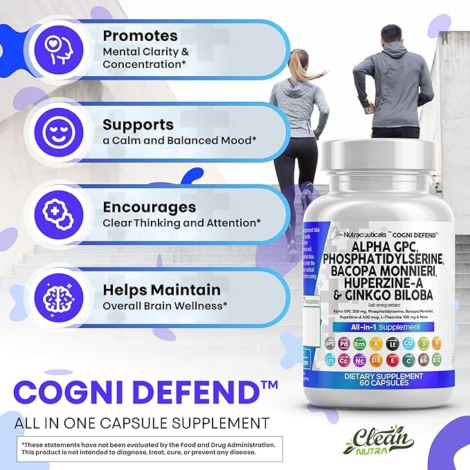 Clean Nutraceuticals Alpha GPC Choline Phosphatidylserine Bacopa Monnieri Ginkgo Biloba Huperzine A Supplement with Urdine Lions Mane Cats Claw NAC Vitamin C B D E