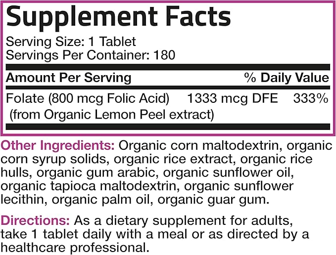 Bronson Organic Folic Acid (Vitamin B9 Folate) 800 mcg Folate from Lemon Peel, 180 Tablets