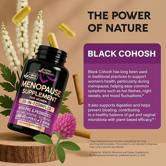 Menopause Supplements for Women - Dong Quai, Black Cohosh, Pre & Probiotics - Sweats & Hot Flashes Relief - Digestion, Sleep & Mood Support - 25-in-1 Perimenopause Complex - Made in USA - 60 Capsules