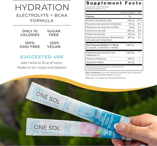 One Sol BCAA & Electrolyte Powder for Hydration & Energy, All-Natural Formula, 100% Vegan, Non-GMO, Gluten Free & Soy-Free, Promotes Muscle Growth & Recovery, Gummy Bear Flavor