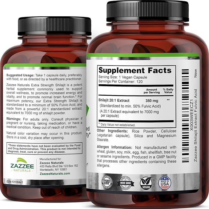 Zazzee 100% Pure Himalayan Shilajit 20:1 Extract, 7000 mg Strength per Capsule, 50% Fulvic Acid, 120 Servings per Bottle, 20X Potency, Rich in Trace Minerals, Non-GMO, Vegan, Made in The USA